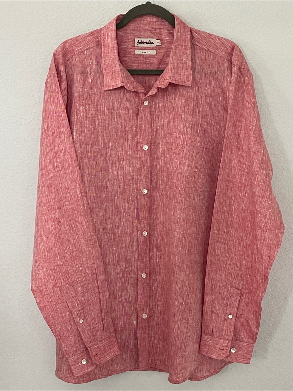Fabindia Men’s XL Slim Fit 100% Linen Red Long Sleeve Button Down Shirt
